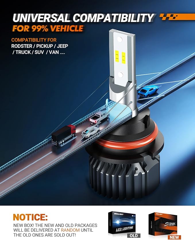 SEALIGHT 9004/HB1 Fog Bulb, 32000LM Ultra-Bright, 6000K Pure White, Fanless Light No Noise, 3-Minute Plug-and-Play, 1:1 Size, IP67 Powersports Accessory, IP67 Waterproof, Pack of 2