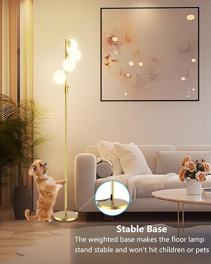 Lightdot 64IN Dimmable Globe Floor Lamp, Modern Gold Standing Lamps with 4PCS 3000K Bulbs Included Soft Warm White Eye Care, Mid Century Floor Lamp for Living Room/Bedroom/Sofa Beside/Corner Decor