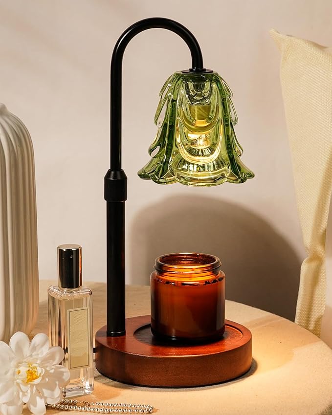Small Candle Warmer Lamp with Timer, Adjustable Green Lamp Warmer for Jar Candles, Unique Women Gifts for Birthday, Dimmable Candle Heater, Anniversary Day Gifts, Cute Wax Warming Light with Wood Base