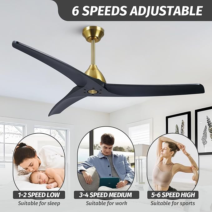 54 Inch Minimalist Ceiling Fan No Lights,Wood Ceiling Fan without Light,6-Speed,Reversible DC Motor,Timer,Outdoor with Remote for Bedroom Living Room Patios,Black and Brass