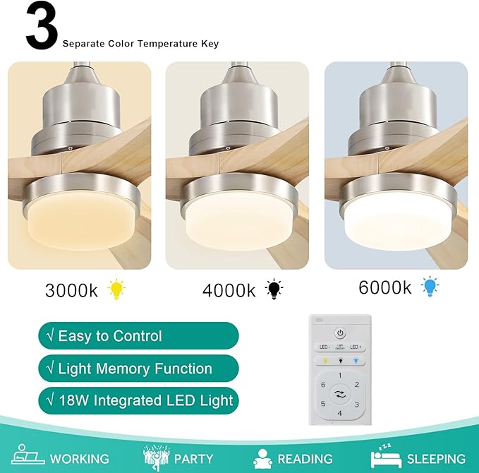 Sofucor 52" Ceiling Fan with Lights and Remote Control, Indoor Outdoor Modern Wood Ceiling Fan for Farmhouse Bedroom Living Room Pation Porch, with Reversible DC Motor, 6 Speeds, 3 Color Temperature