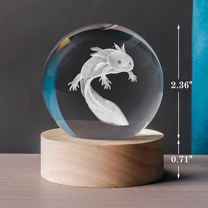 3D Axolotl 60mm Crystal Ball Axolotl Night Light Lamp Toy Gifts for Women Wife Girlfriend Mom Couple Her Axolotl Figurine for Girls Boys Kids