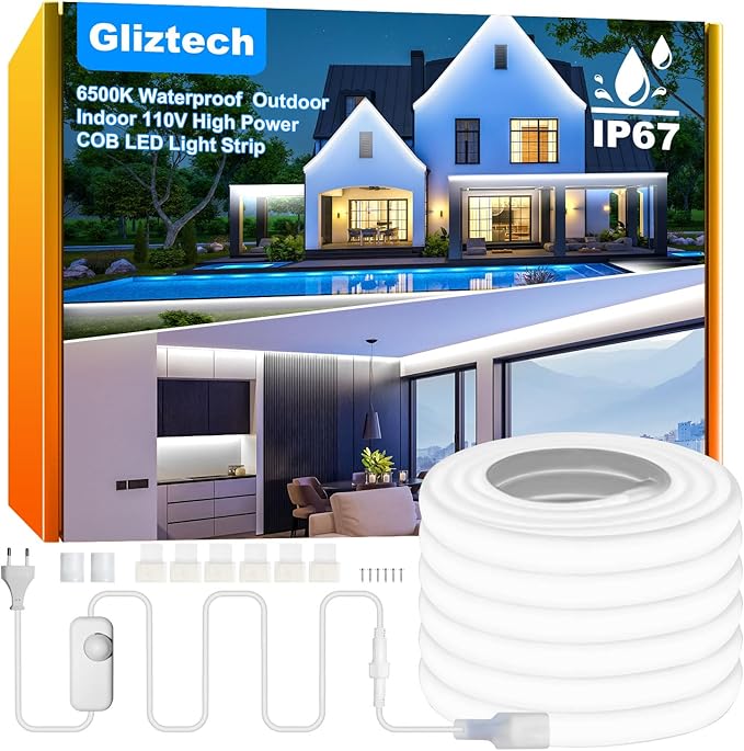 IP67 Waterproof COB LED Strip Lights AC 110V-120V Direct Plug, 100FT Super Bright Outdoor Strip Lights with Double Fuse Controller, 6500K White LED Strips for Garden Patio Commercial Decor