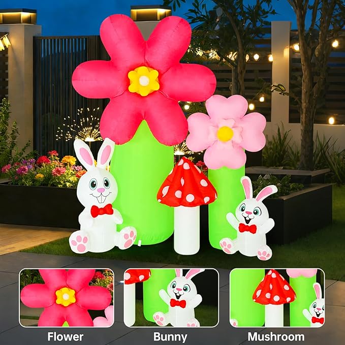 6FT Easter Inflatable Outdoor Decorations, Lighted Bunny Blow Up Yard Decoration with Built-in LED Lights, Spring Flower Mushroom Inflatable Outdoor for Lawn Garden Easter Decor (Spring Inflatable)