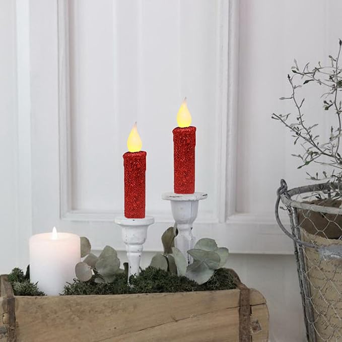 CVHOMEDECO. Glitter Flameless Candles Flickering Battery Operated LED Taper Candles with Timer for Home, Wedding, Halloween, Christmas Decor. Red, 4-3/4 Inch, Set of 6