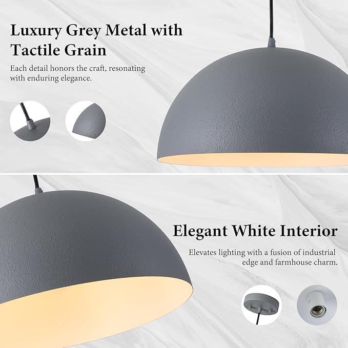 Industrial Pendant Lights Kitchen Island, 16 Inch Grey and White Metal Dome Pendant Light Fixtures, Farmhouse Hanging Light Fixture for Dining Room Restaurant Foyer Cafe, 2 Pack
