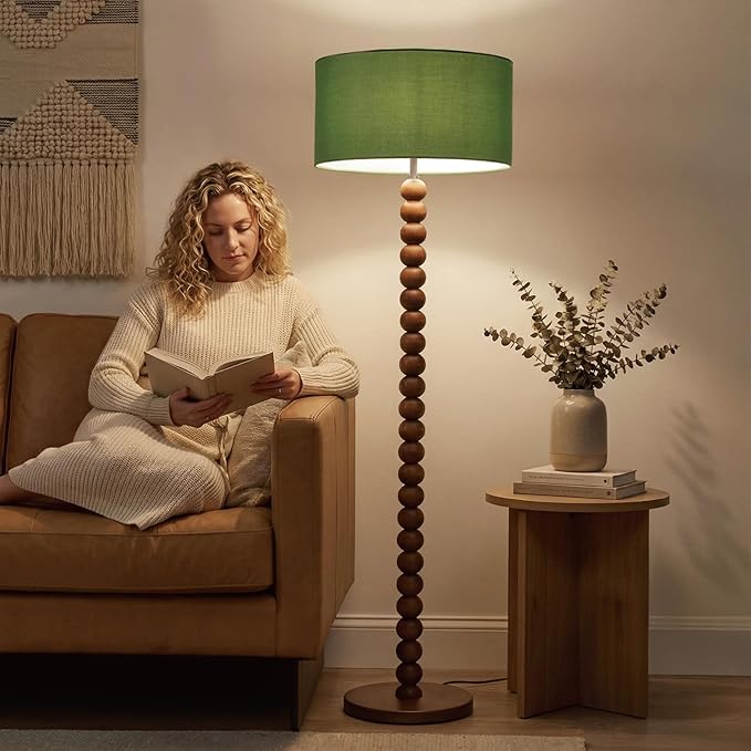 Buruis 61" Beaded Wood Floor Lamp with 17.2" Large Linen Shade, UL Listed, Retro Mid-Century Accent Walnut Finish Standing Lamp for Living Room, Bedroom, Office, Corner, Green