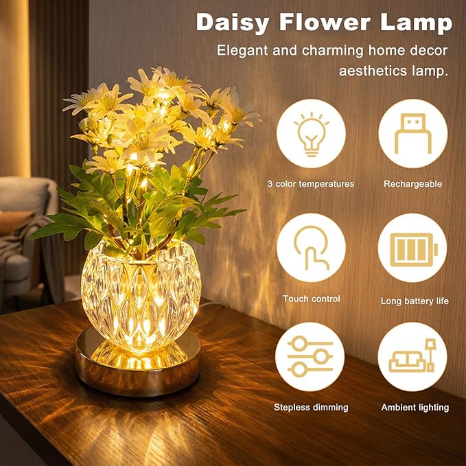 Daisy Flower Lamp, Rechargeable Artificial Flower Table Lamp with 3 Color Temperature, Dimmable Touch Cordless Lamp for Bedroom Home Decor, Birthday Mother's Day Gift for Mom Grandma Women (Daisy)