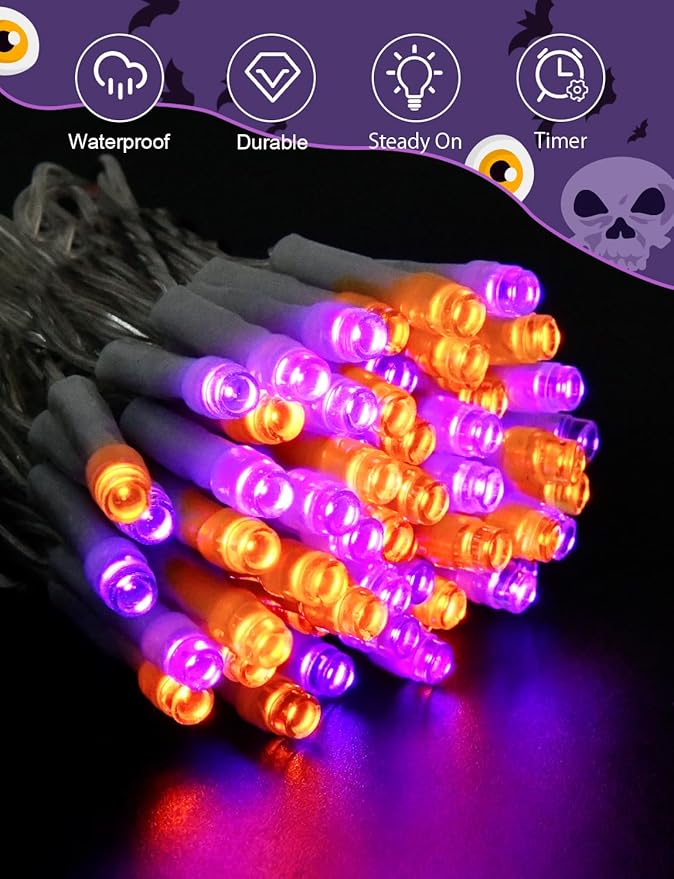 Halloween String Lights Battery Operated with Timer, Orange and Purple Fairy Lights Outdoor 9.8ft 30LED, Halloween Decorations for Party Yard Pathway Indoor Outdoor 2 Packs