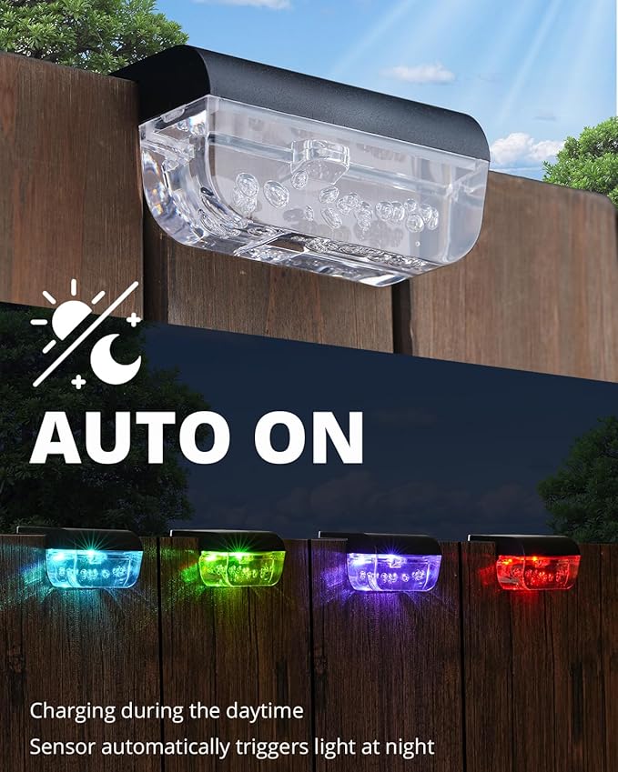 16 Pack Solar Fence Lights, RGB Color Changing Christmas Fence Solar Light, Waterproof Deck Lights for Step, Stair, Pool and Yard
