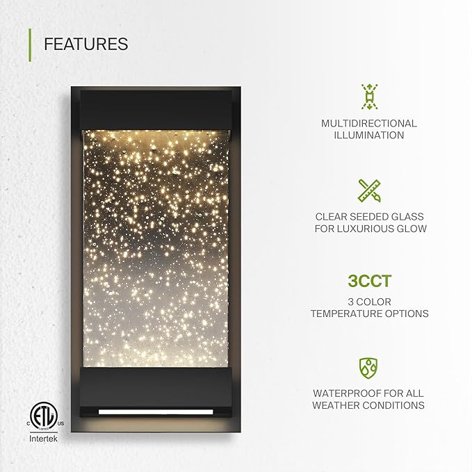 ASD LED 12" Bubble Glass Wall Light Fixture, Outdoor & Indoor Seeded Sconce | 3CCT, Waterproof, Dimmable, Up-Down Glow, ETL Listed | 22W 500LM 3000-5000K 120V | Exterior Porch Lighting | Black
