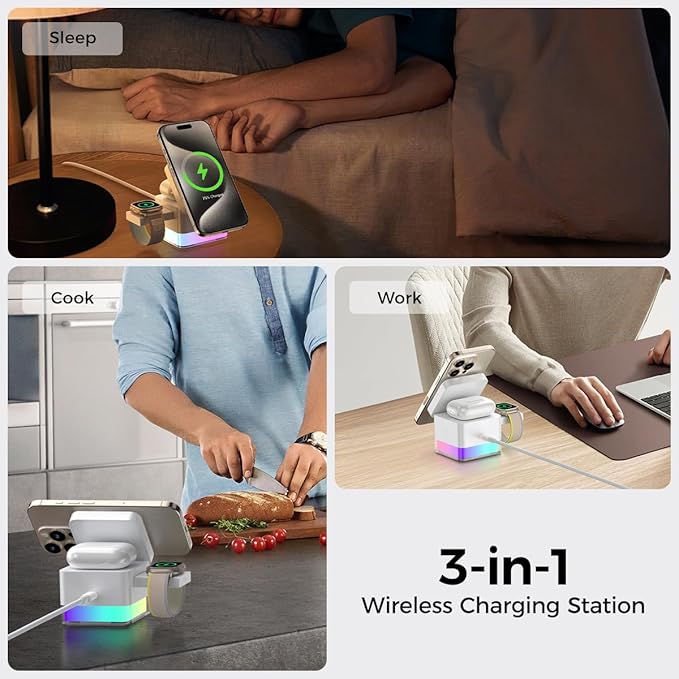 15W Magnetic Wireless Charging Station,XO 3-in-1 Wireless Charging Station with Night-Lamp for Phone 16/15/14/13/12,Watch,air-pods,Fast Charge Multiple Devices