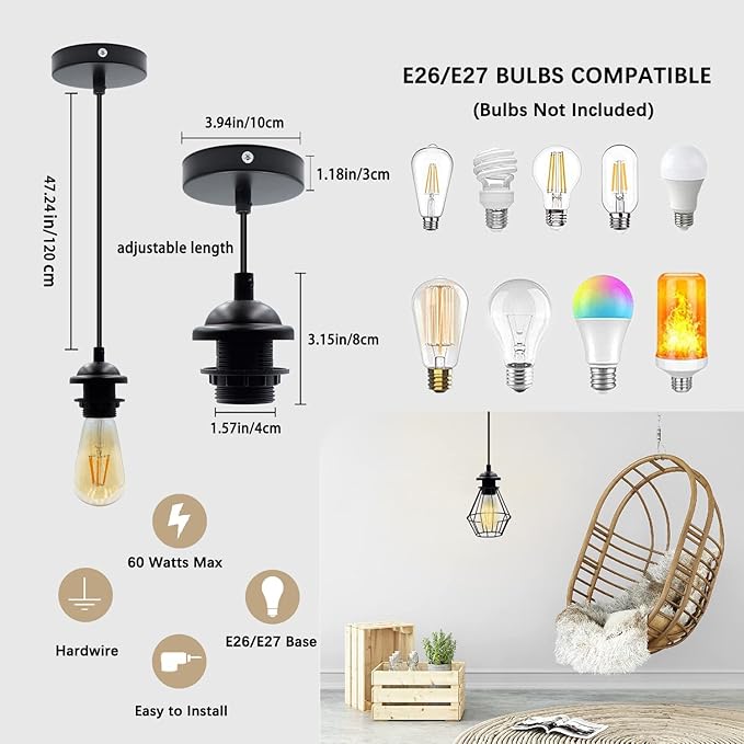 Pendant Light Kit 2pcs Mini Pendant Light Cord Cable Socket E27 Lamp Holder with 3.94ft Adjustable Industrial Vintage Hanging Ceiling Lantern Light Fixture for Bedroom Chandelier