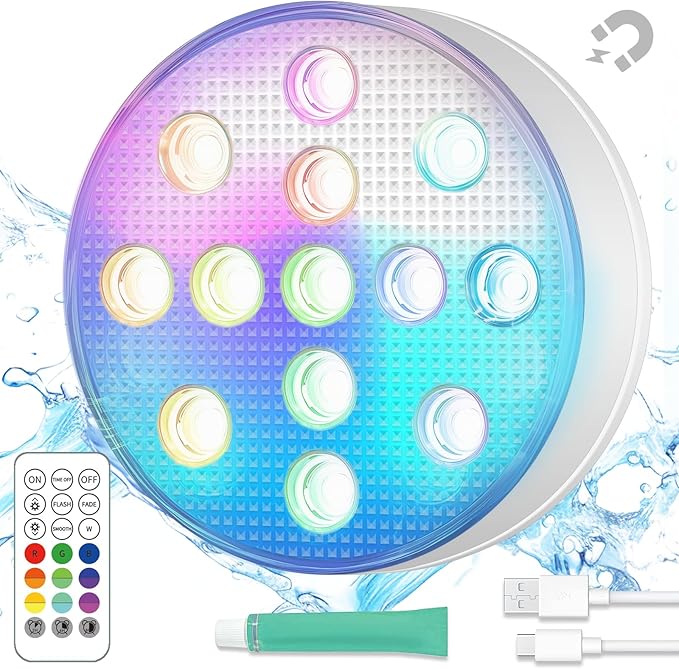 SUNDISC 3000mAh Rechargeable Submersible Pool Lights, IP68 Waterproof Underwater Charging Battery Operated Controlled 16 Color Changing LED with Magnet Floating Lights 1 Pack