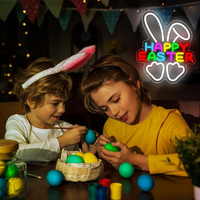 Happy Easter Neon Sign for Wall Decor Easter Bunny Neon Light for Man Cave Kids Bedroom Rabbit LED Light for Birthday Spring Festival Decoration for Nursery Girls Bedroom Size13.8 * 11.2 Inch(P038)