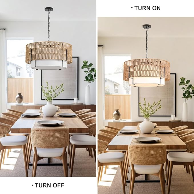 6-Light Large Rattan Chandelier, 25.6" Boho Pendant Light with Fabric Shade, Farmhouse Ceiling Light Fixture Chandelier for Dining Room, Living Room, Bedroom, Kitchen Island, Foyer, Hallway