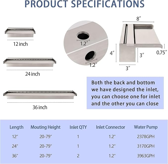 24 Inch APP Control Pool Waterfall Spillway Stainless Steel with LED Lights, Pond Fountain Set for Outdoor Decorations, Koi Pond Swimming Pool w/16 Color Changing Spillway for Sheer Descent