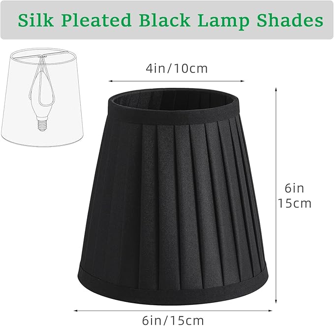5 Pack Black Silk Pleated Chandelier Shades, 4" Top x 6" Bottom x 6" High, 4x6x6 Inch Clip On E12 Bulb, Pendant Light Wall Sconce Lamp Shades, Silk-Pleat Handmade Barrel Lampshade Covers(Large Size)