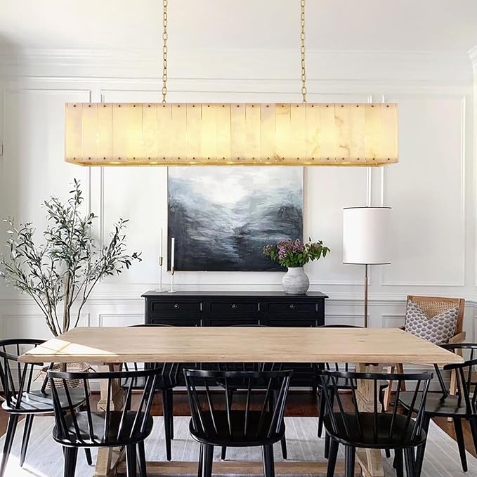Alabaster Rectangular Chandelier L55in Spanish Natural Marble Rectangle Chandeliers,Modern Gold Large Alabaster Chandeliers for Dining Room over Table,Kitchen Island,Living Room,Included Bulbs