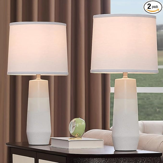 25.25" White Ceramic Table Lamps for Living Room, Ceramic White Lamps Set of 2 for Nightstand, Minimalist Beige Table Lamp Set of 2 for Bedroom, Console Reading Table Lamps