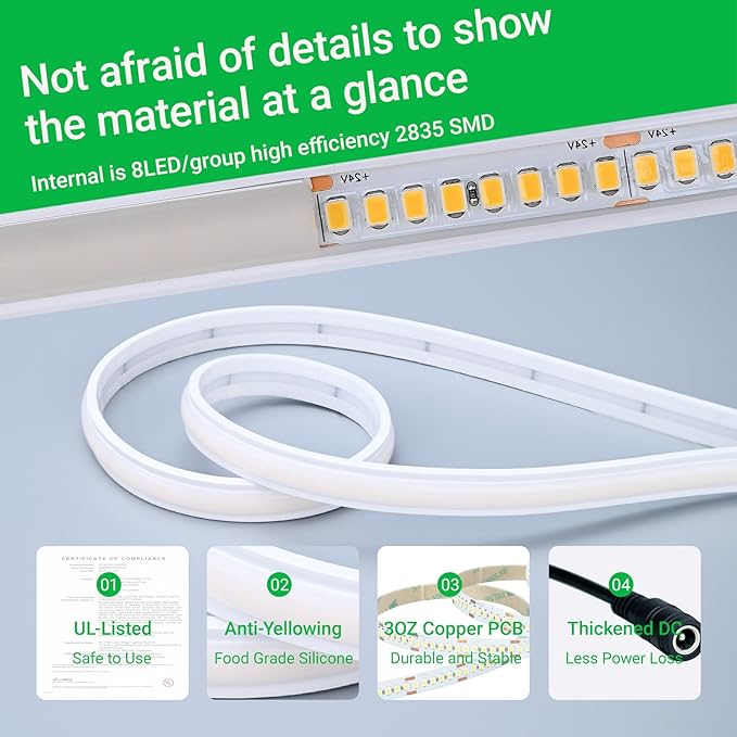 JOYLIT 2nd Gen Super Bright Neon LED Strip Lights 24V 16.4FT Cool White Outdoor Waterproof, CE UL PRO 735LM/FT 5.8W/FT CRI 92+ 6000K Neon Rope Light for Yard, Pool (24V Transformer Not Included)