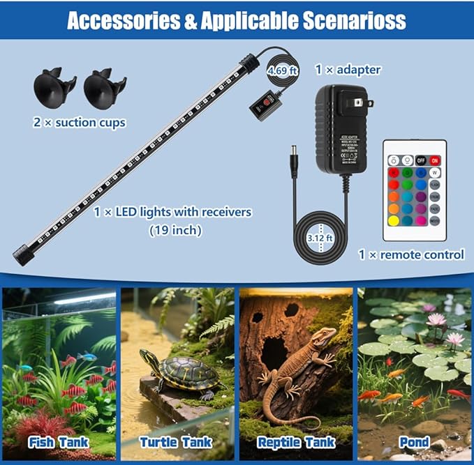 LED Aquarium Light with IP68 Waterproof and Memory Function Submersible Fish Tank Light with Remote and 16 Colors 19 Inches Brightness Adjustable Underwater Light Bar for Fish Tank Aquarium