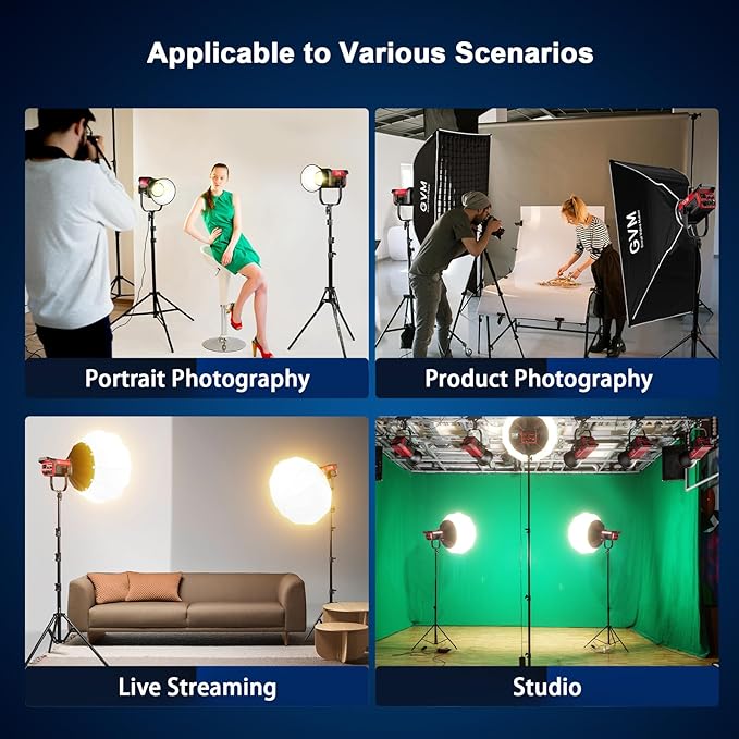 GVM 300W LED Video Light Kit with Softbox, CRI97+ Photography Lighting for Video Recording with Bowens Mount, 65000Lux/m Studio Lights with APP&DMX Control, 2700-6800K, 12 Scene Light