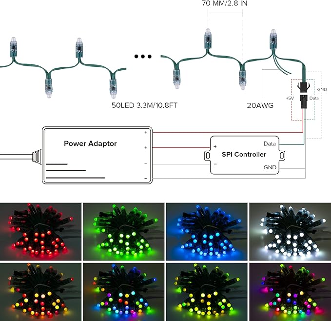 BTF-LIGHTING WS2811 Diffused Digital RGB LED Pixel String Light 12mm Individually Addressable Round LED Module 50pcs/String IP68 Waterproof DC 5V