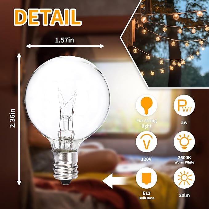25 Pack Outdoor String Light Bulbs G40 Christmas Replacement Bulbs 120V Clear Globe 5W Bulbs Dimmable with E12 Base for Indoor Patio Decor