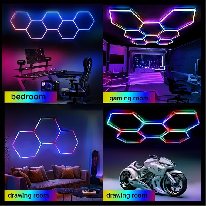 RGB Hexagon Garage Lights, 356 Colors Mode/Music Sync LED Garage Lights, Smart App & Remote Control, DIY Honeycomb Ceiling Light for Studio Gym Basement Decor Gaming Room