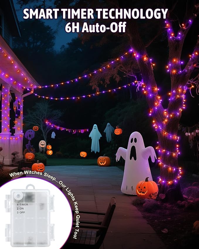 Halloween String Lights Battery Operated, Orange and Purple Lights with Timer Waterproof 16.4ft 50 LED Halloween Decorations for Outdoor Indoor Patio Party Garden Yard Decor