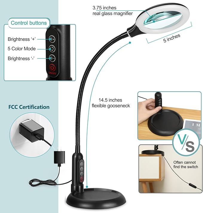 10X Magnifying Glass with Light and Clamp, 5 Color Modes Stepless Dimmable Lighted Magnifier with Stand, Flexible Gooseneck LED Desk Lamp Hands Free for Craft Reading Painting Hobby Close Work