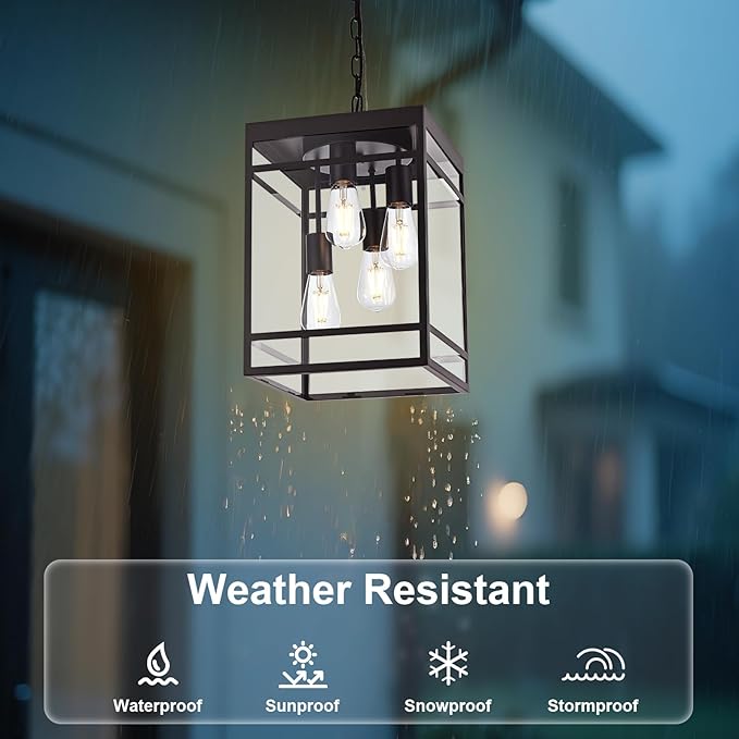 4-Light Outdoor Pendant Lights for Porch, Oil Rubbed Bronze Outdoor Chandelier 15.7'' Exterior Hanging Porch Light Fixtures w/Clear Glass, Waterproof Outside Pendant Lantern for Garage Foyer