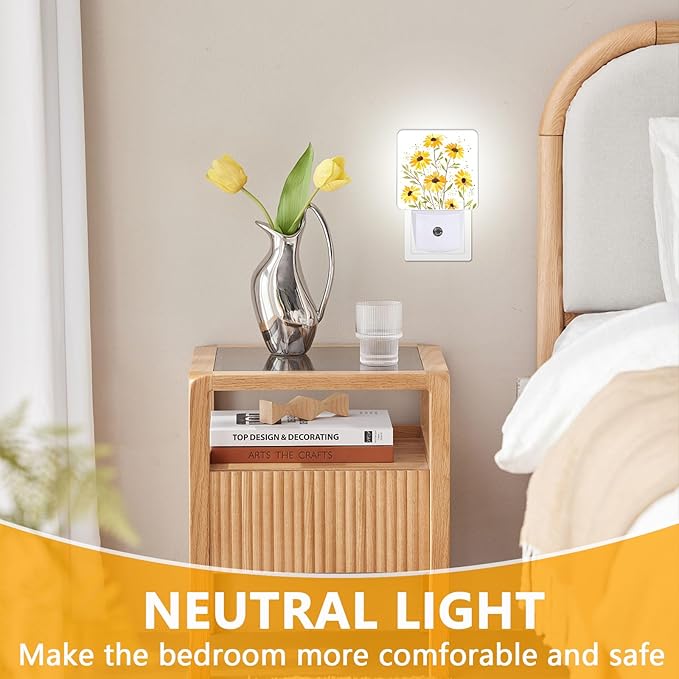 Watercolor Sunflower Night Light, Plug-into Vintage Floral Nightlight White LED Lamp, Energy Efficient Decor Desk Lamp for Bedroom Hallway Stairs Bathroom