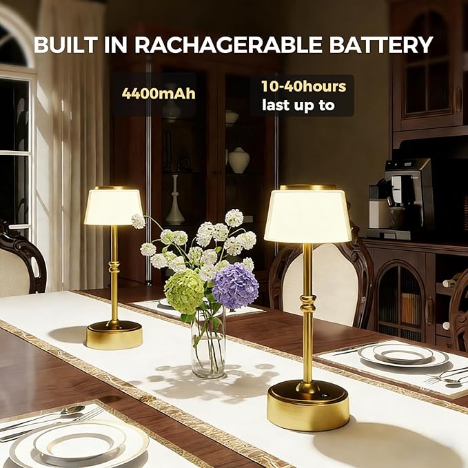 LED Cordless Lamp, 5 Colors Stepless Dimming Table Lamp, Built-in 4400mAh Rechargeable Battery with USB Charging Port, Portable Touch Bedside Light for Patio, Restaurant, Dining (2, Gold)