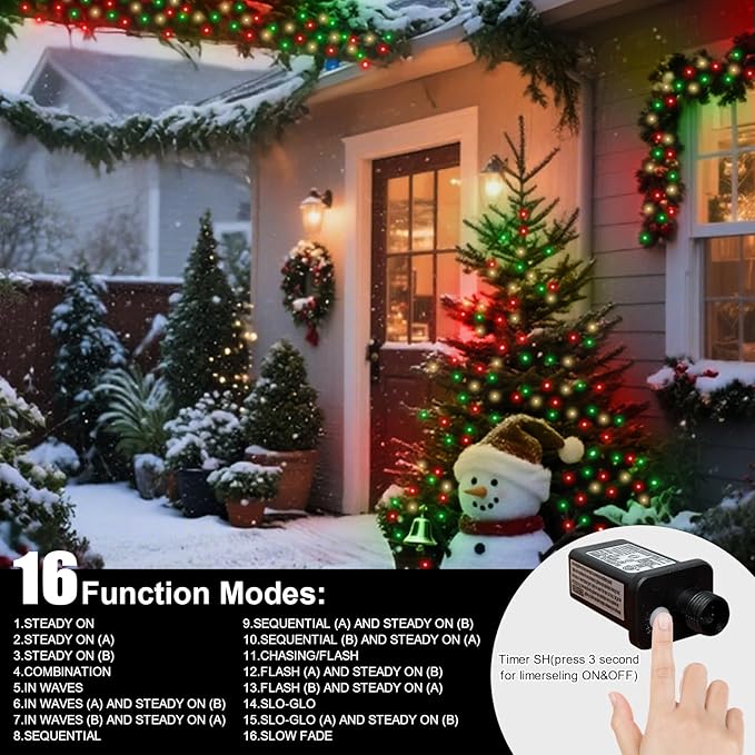 LAMPHOME 66ft Christmas Decorative Mini Lights, 200 LED Green Wire Fairy Starry String Lights Plug in, 16 Lighting Modes for Indoor Outdoor Xmas Tree Wedding Party Decoration (Red/Green/Warm)