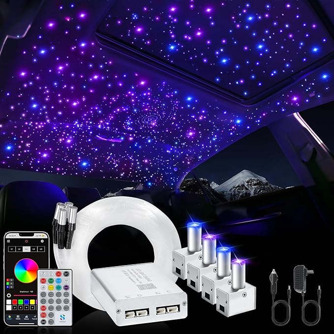 Split 4 Colors 12W Car Starlight Headliner Kit 500pcs*0.02in*9.8ft with APP&RF Remote,RGBW Fiber Optic Strands Star Roof Lights,4 Port Engine Sound Activated Star Ceiling Lights for Car/Home Decor