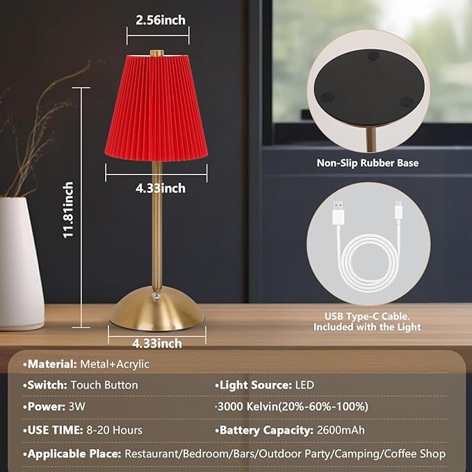 Cordless LED Red Table Lamp , Portables Lamps, Rechargeable Battery Valentine's Table Lamps, Pinkred Table Lamps for Dining Room, Bedroom, Bedside, Night Light, Balcony , Outdoor,Coffee,Bar (Red)