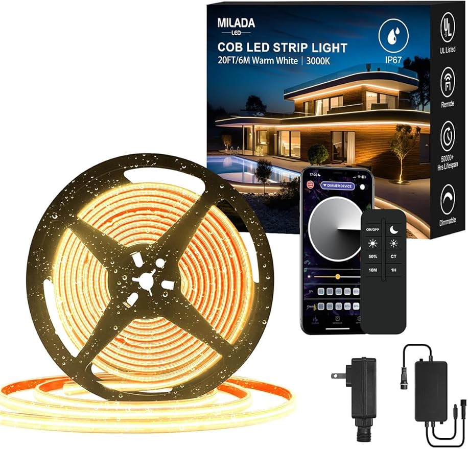20FT COB LED Strip Lights Outdoor IP67 Waterproof,6M, Flexible DC 24V, Remote & App Control, Dimmable, Warm White 3000K Led Tap Lighting For Garden Patio ,Kitchen Living Room Bedroom DIY Decor