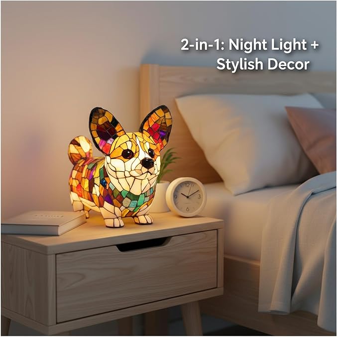 Rainbow Puppy Lamp Stained Glass Dog Night Light 3D Retro Stained Resin Rainbow Pup Lights Charge Powered Table Lamp Puppy Glow Lamps for Home Bedroom Desk (E)
