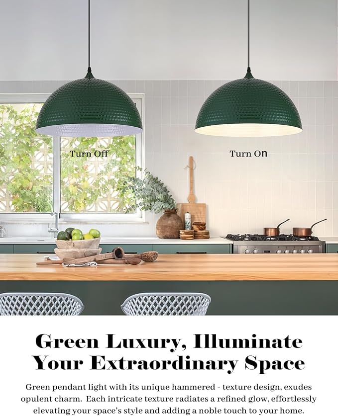 16 inch Green Pendant Light 2 Pack, Hammered Large Industrial Pendant Lights Kitchen Island, Green Dome Pendant Light for Kitchen Island, Dining Room, Bar