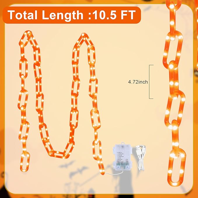 woohaha Halloween Decorations Plastic Chain Lights，10.5FT 175LED Orange Battery/USB Props Chains String Lights,8 Modes and Timer for Outdoor Halloween Party Creepy Cosplay Spooky Ornaments