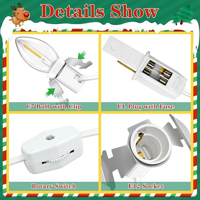 Accessory Cord with LED Light Bulb 16.2ft, 10 LED Light Bulb C7 Light Cord Clip Christmas Village Lights Blow Mold Light Cord for Halloween, Christmas Village Houses, Craft Projects