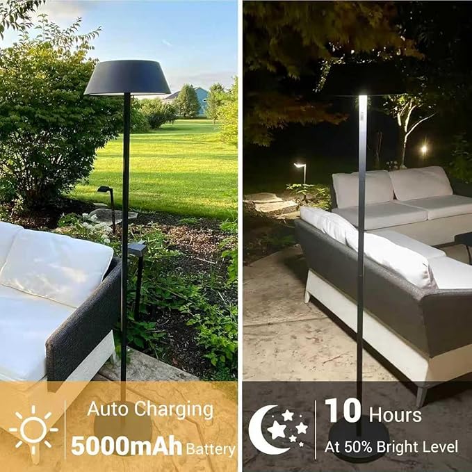 Outdoor Solar Powered Floor Lamp for Patios, Decks, Outdoor Living Spaces, Reading - Tall, Ultra Bright, Cordless, 3 Different Light Colors, IP65, Charge Battery by Solar or Type-C