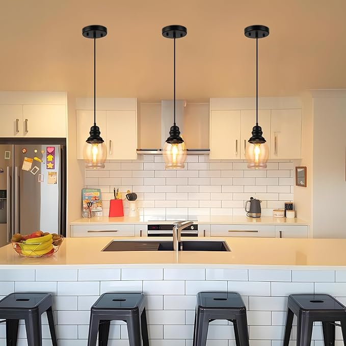 WILON Pendant Lights for Kitchen Island, Seeded Glass Mini Pendant Light Fixtures Farmhouse Pendant Lighting Metal Black Pendant Light Over Kitchen Island Sink Dining Table