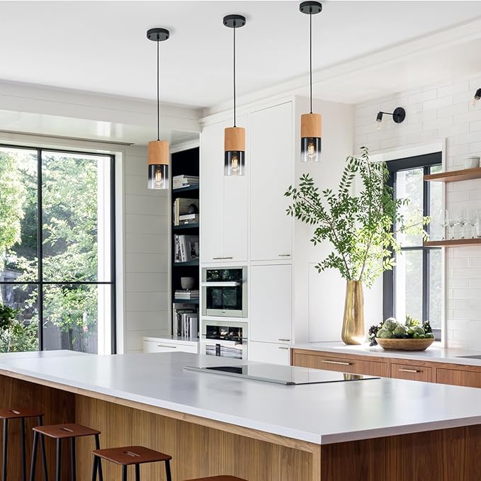 3-Pack Modern Pendant Lights for Kitchen Island, Adjustable Black Pendant Light Fixtures with Raw Wood Grain, Industrial Glass Pendant Lights for Dining Table Hallway Bedroom Living Room
