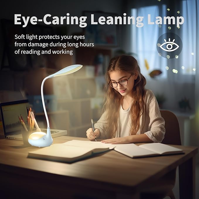 LED Desk Lamp, 2 in 1 Dimmable Reading Lamp, Touch Desk Lamps for Home Office Dorm with 3 Color Modes, Eye-Caring Lamp with USB Port, Gifts for Boys Girls (Blue)