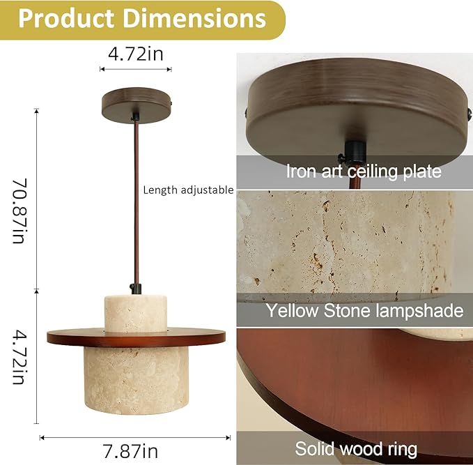 Nordic Pendant Light Natural Yellow Travertine Lamp Simple Wabi Sabi Lamp Suitable for Restaurant Bedside Kitchen Island Cafe Wood Pendant Light (Walnut Color)