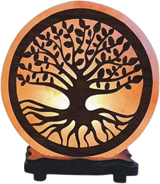Himalayan Salt Lamp with Tree of Life Design – 4.5 Inch Hand-Carved, Wooden Base, for Home Décor, Meditation & Gifts