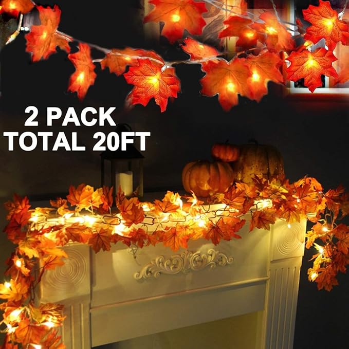 TURNMEON 2 Pack Fall Decor Enlarged Maples Leafed Lights Total 20Ft 40LED Fall Decorations for Home, Battery Operated Autumn Garland Waterproof Indoor Outdoor Holiday Halloween Thanksgiving Decoration